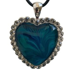 Hand Crafted Teal Heart Fluid Art Glass Pendant Necklace by Svetlana Yeung